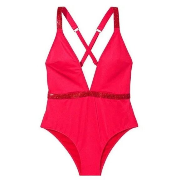 New! Victoria’s Secret Red Shine Strap Plunge One Piece Swimsuit 3683 - Picture 1 of 8